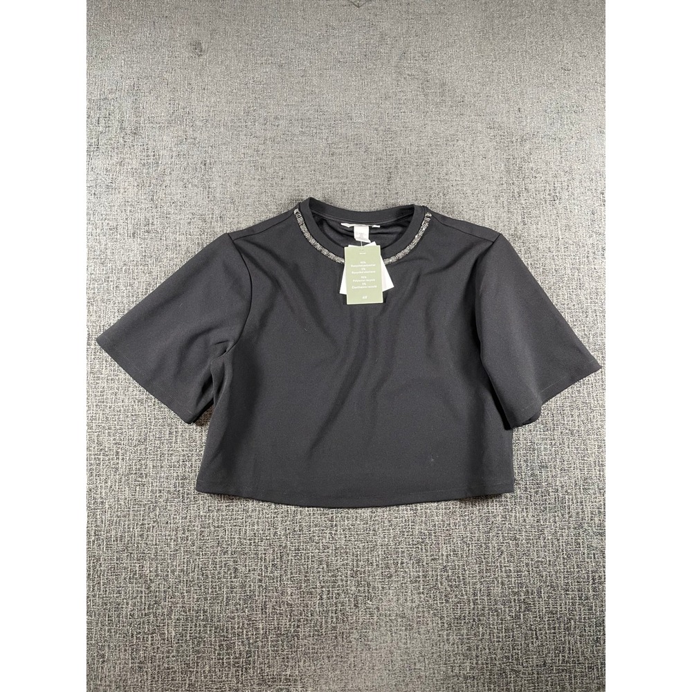 HM Black Beaded Neckline Crop Top Short Sleeve Recycled Blend Small